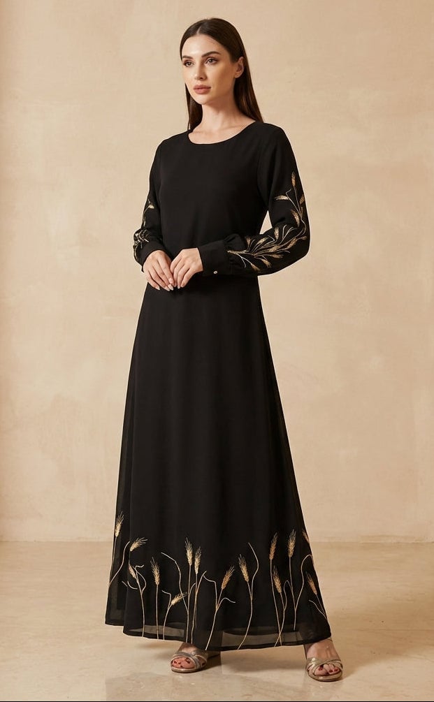 Black Gold Embroidered Maxi Dress — Elegant Modest Dresses
