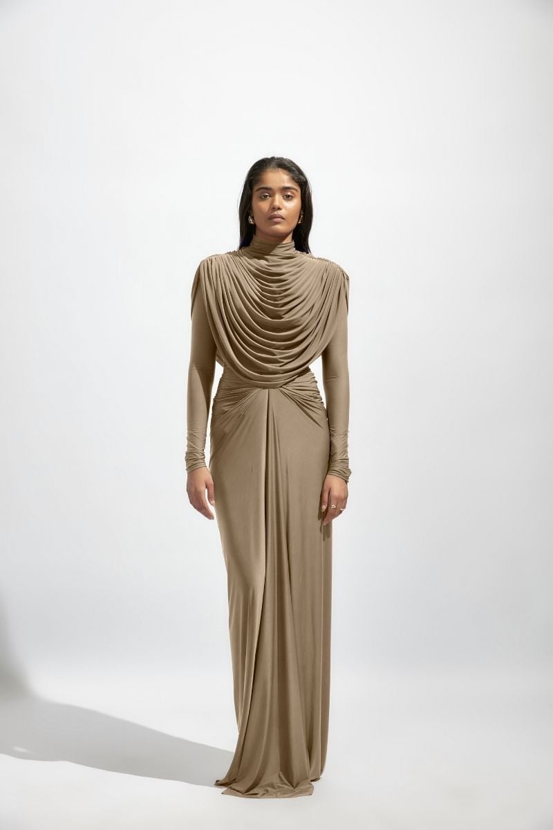 Neutral Beige Draped Cowl Neck Maxi Dress — Elegant Modest Dresses