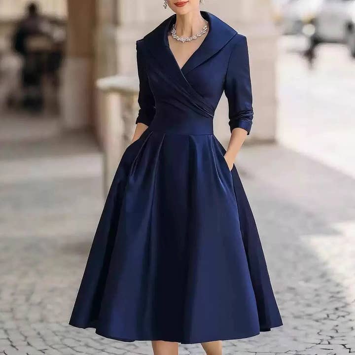 Navy Blue Satin Collared Wrap Dress — Elegant Modest Dresses