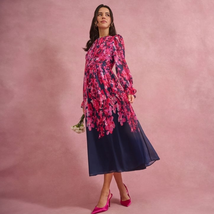 Pink And Navy Floral Print Fit And Flare Dress — Elegant Modest Dresses
