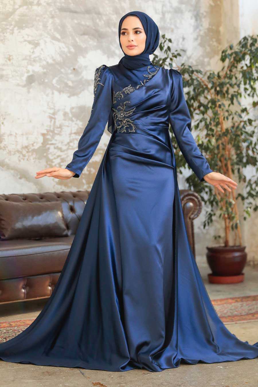 Navy Blue Beaded Satin Evening Gown — Elegant Modest Dresses