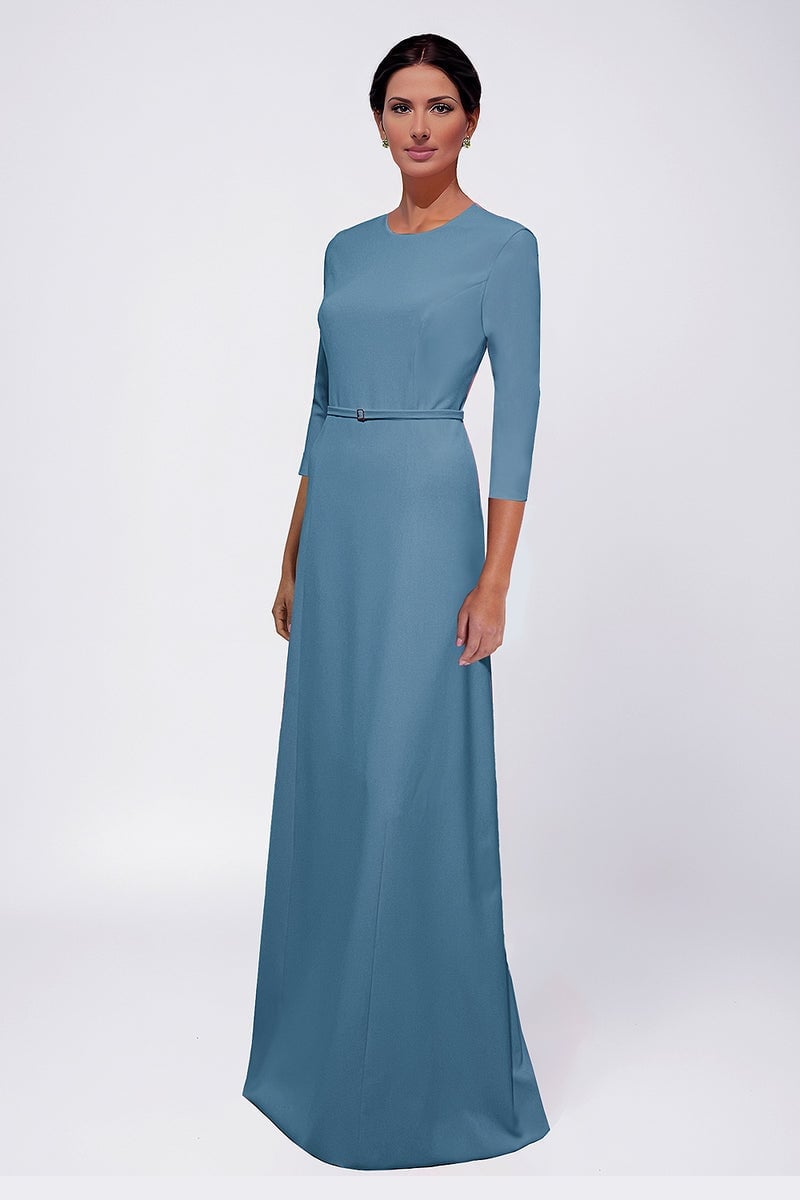 Royal Blue Crepe A-Line Dress With Silver Belt — Elegant Modest Dresses
