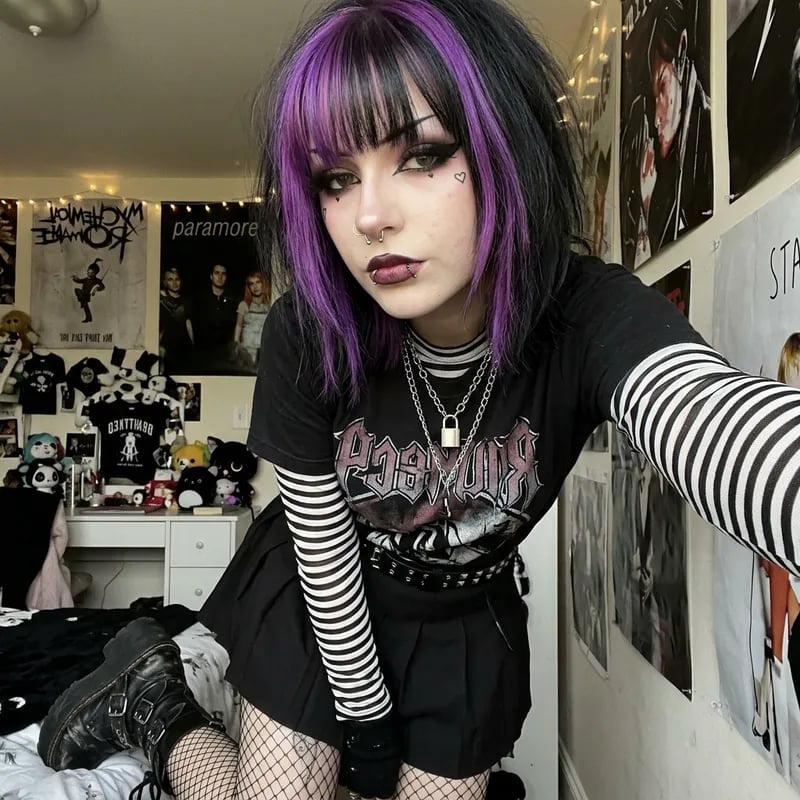 Graphic Tee Layered Over Stripes With Mini Skirt — Emo Style