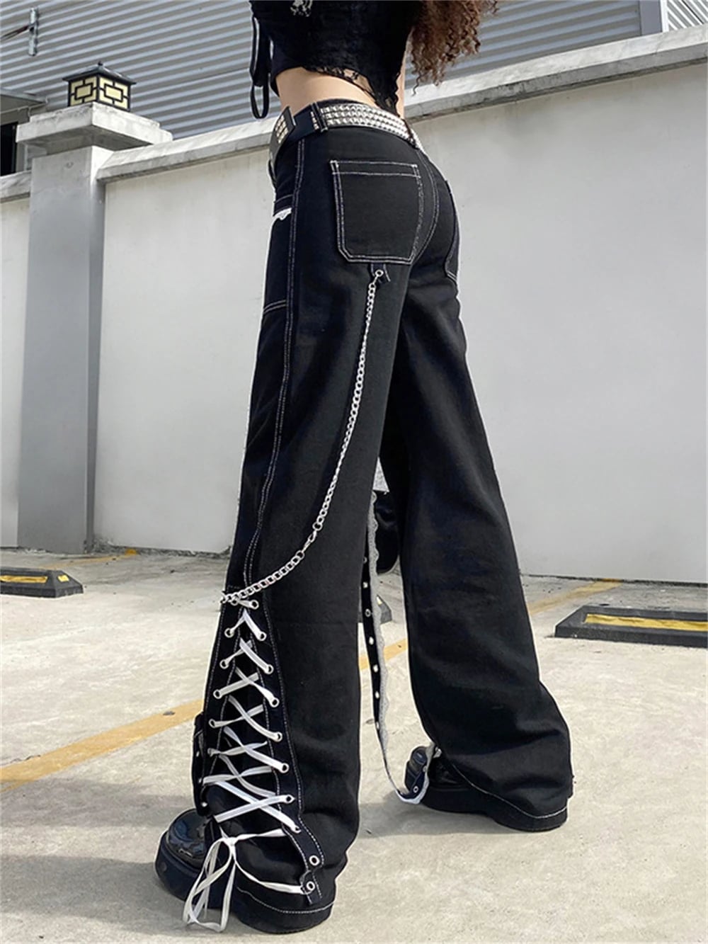 Wide-Leg Trousers With Lace-Up Detail — Emo Style