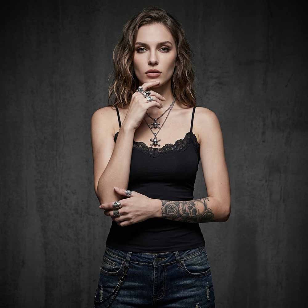 Lace Camisole With Slim Jeans And Skull Rings, Close-Up Take — Emo Style