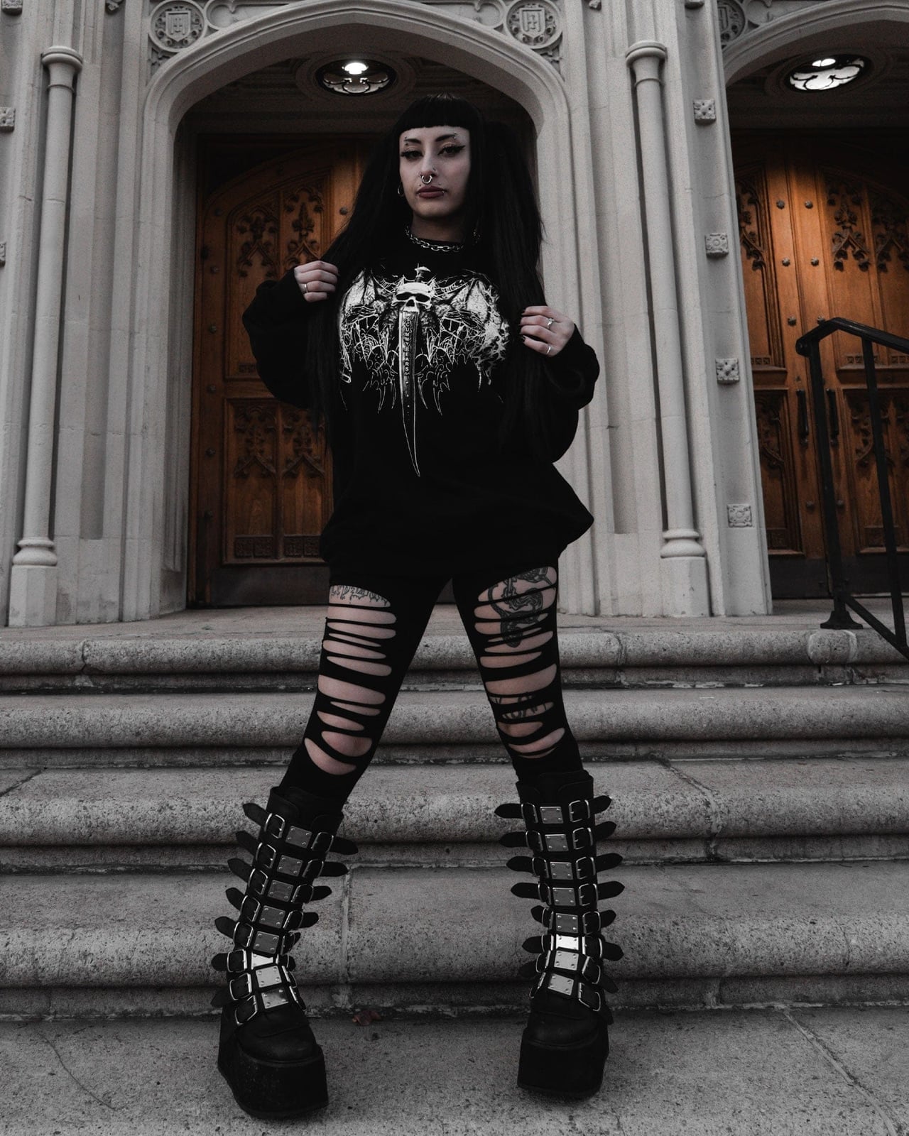 Graphic Sweatshirt With Ripped Leggings, Oversized Top — Emo Style