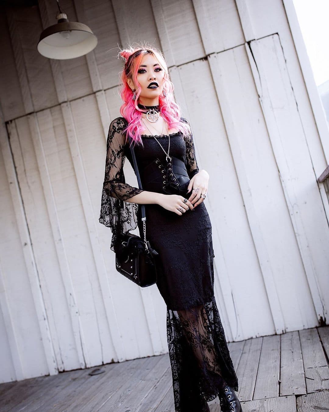 Lace Dress With Bell Sleeves And Corset Detail, Black Platform Boots — Emo Style