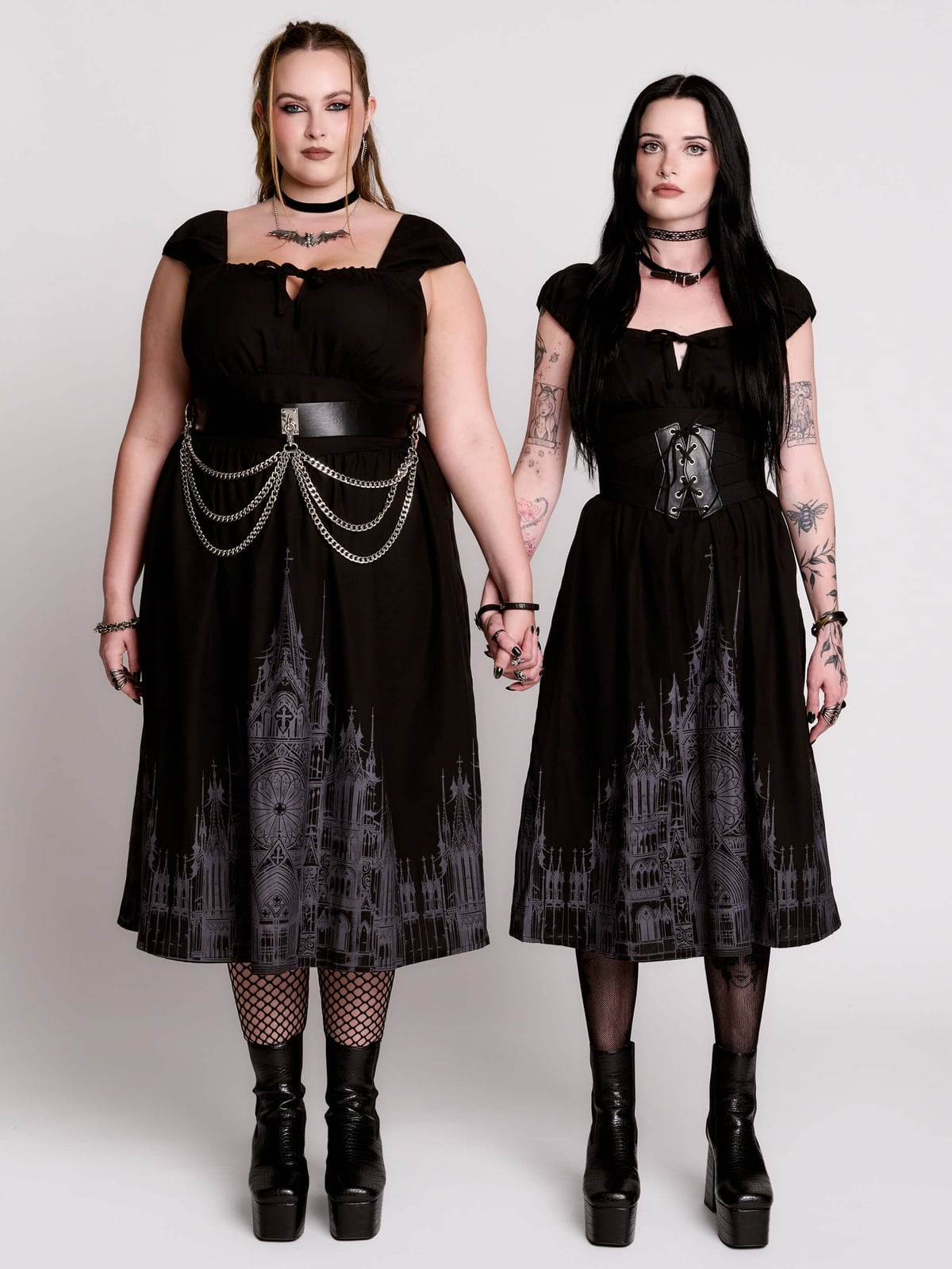 Gothic Cathedral Print Dresses With Chokers — Emo Style