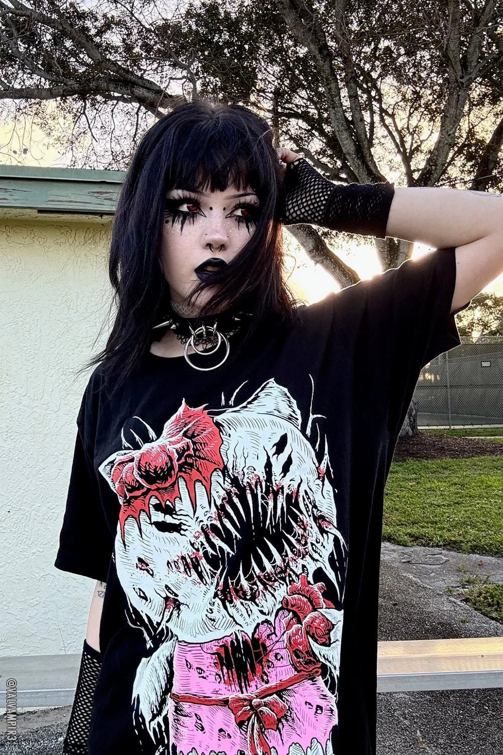 Graphic T-Shirt With Fishnet Gloves — Emo Style