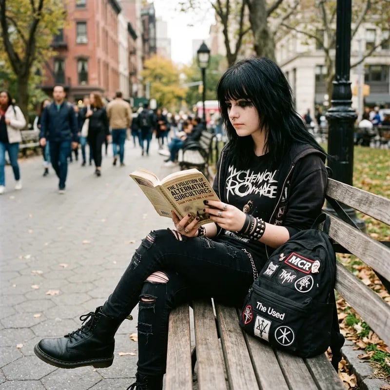 Ripped Skinny Jeans With Band T-Shirt And Hoodie — Emo Style