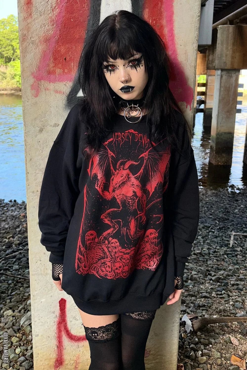 Oversized Graphic Sweatshirt With Fishnet Sleeves — Emo Style
