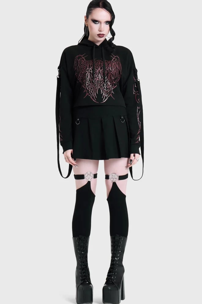 Gothic Graphic Hoodie With Pleated Skirt — Emo Style