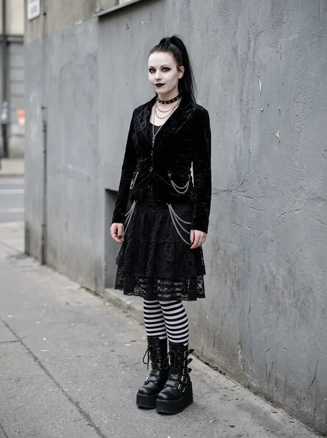 Velvet Blazer With Lace Trim Skirt And Striped Socks — Emo Style