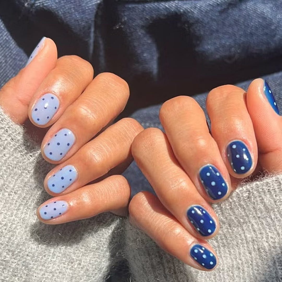 Short Oval Blue Polka Dot Nails — Gel Nails Colors