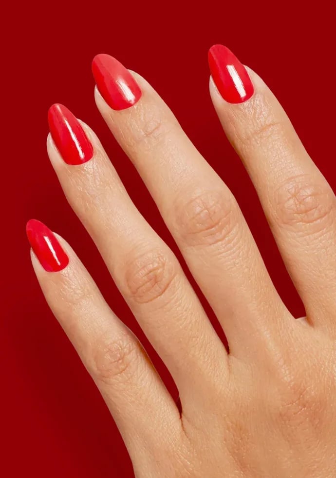 Medium Almond Bright Red Glossy Nails — Gel Nails Colors