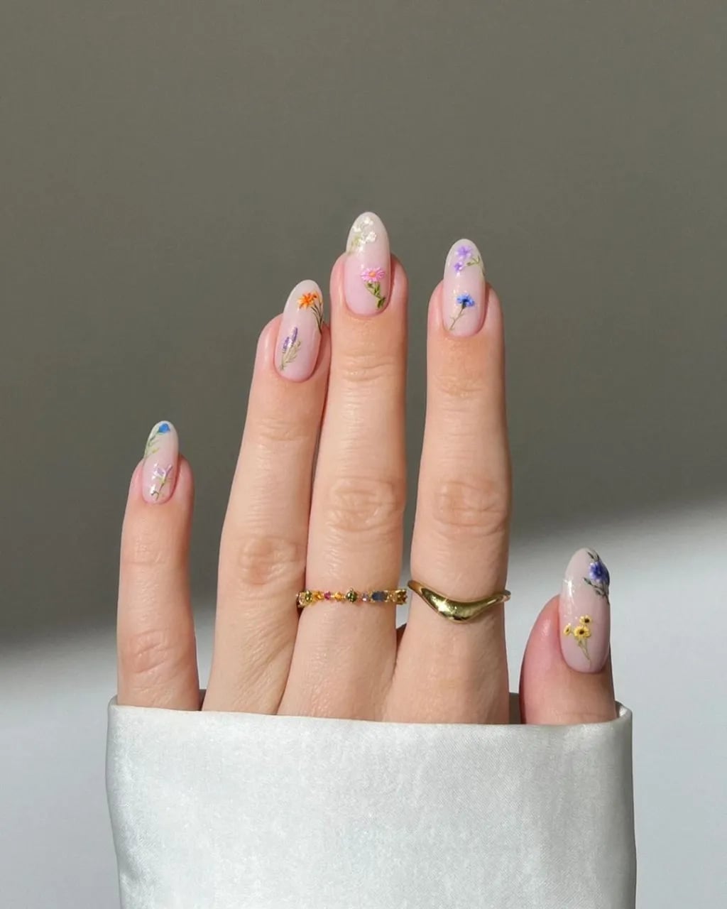 Long Almond Milky Nude Floral Decal Nails — Gel Nails Colors