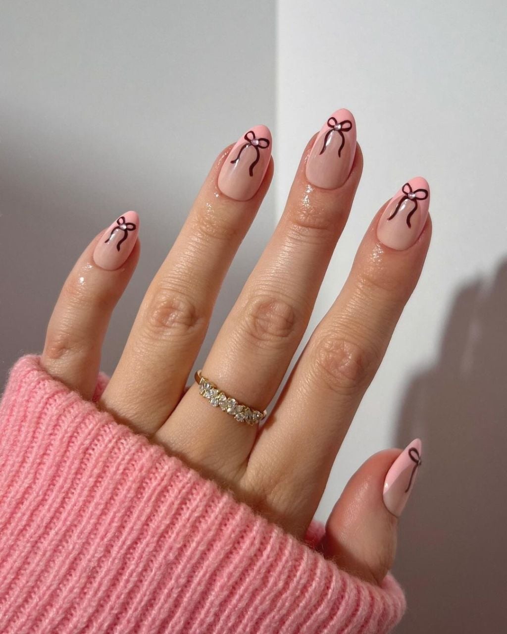 Medium Almond Nude Pink Black Bow Nails — Gel Nails Colors