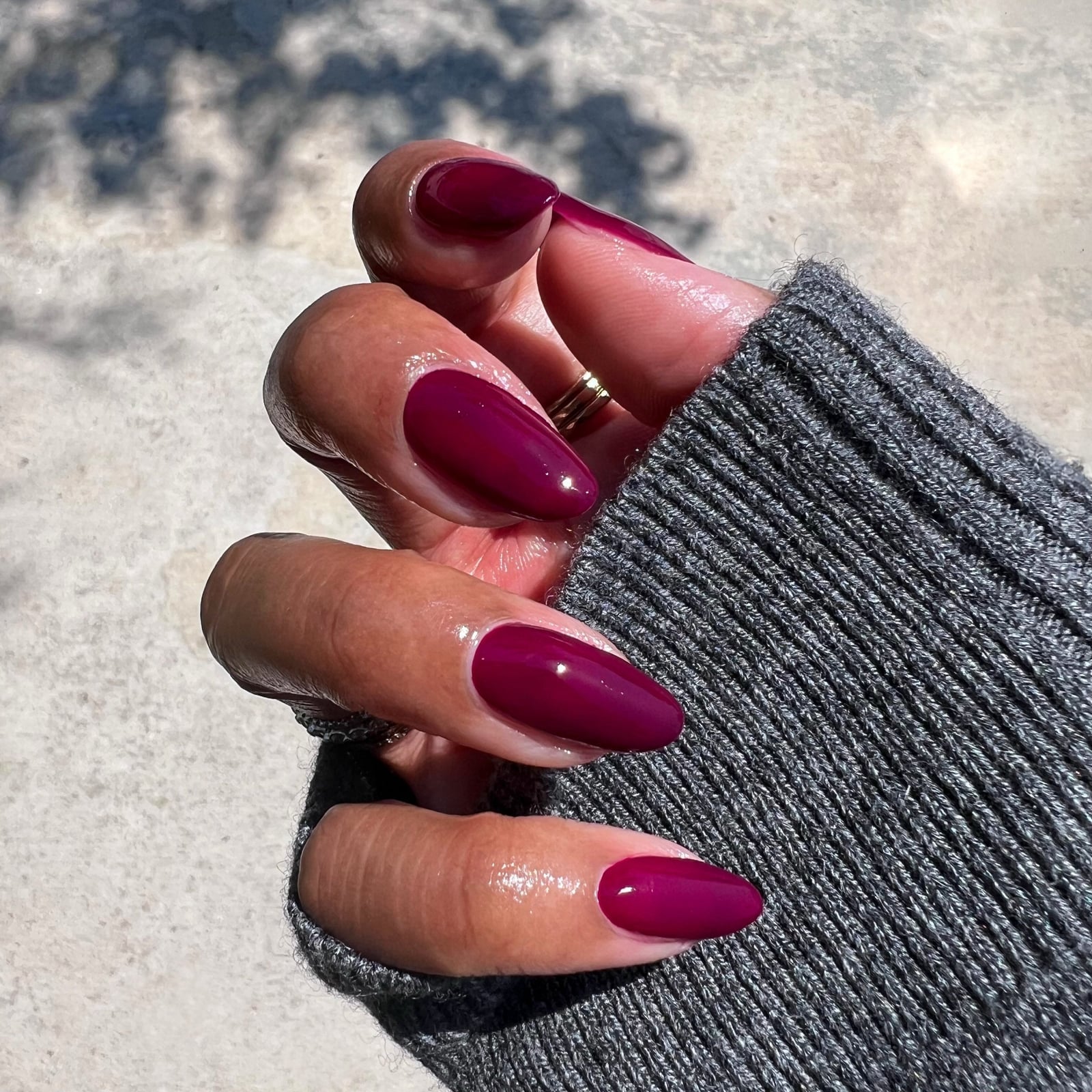 Long Almond Deep Plum Glossy Nails — Gel Nails Colors