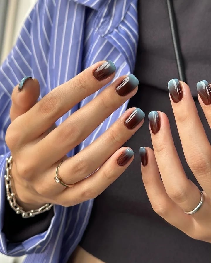 Short Square Brown to Blue Ombre Nails — Gel Nails Colors