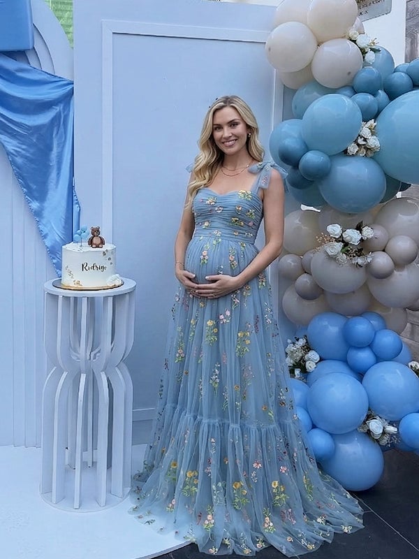 Embroidered Tulle Dress with Strappy Heels — Gender Reveal Outfits