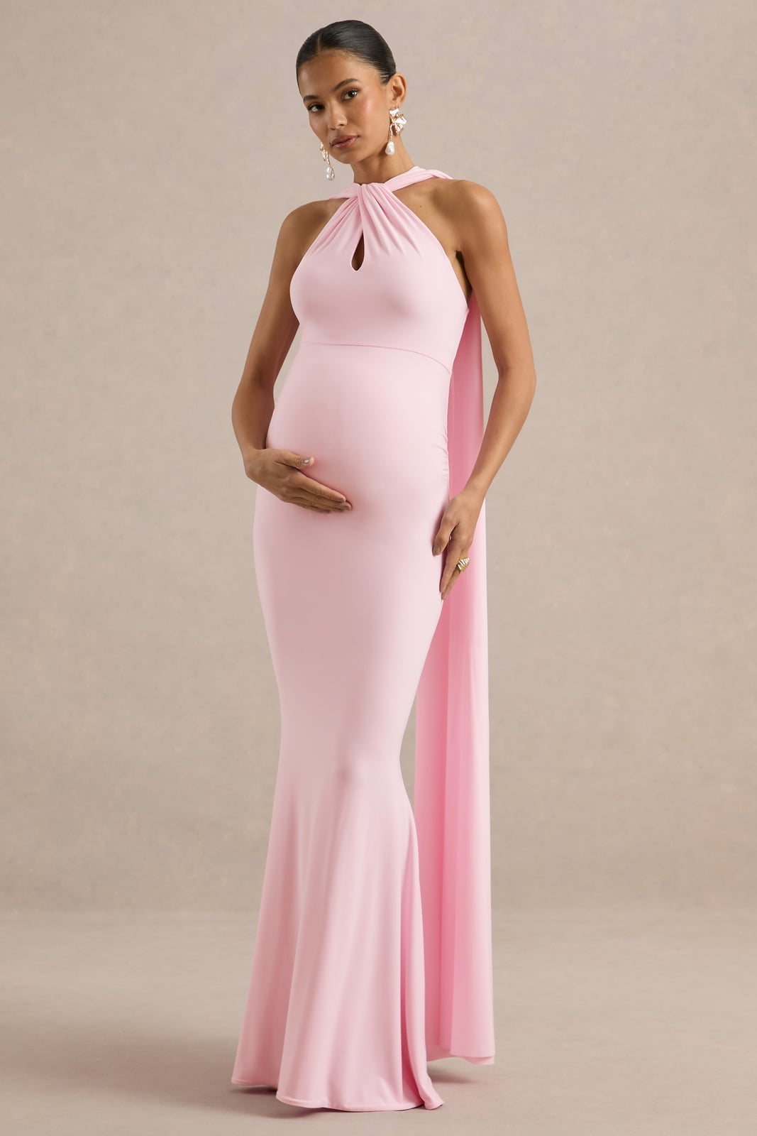 Pink Halter Neck Maternity Dress with Cape — Gender Reveal Outfits