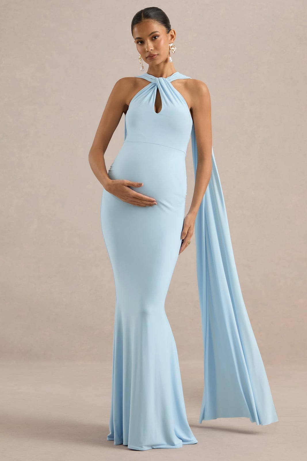 Light Blue Fitted Maternity Gown with Cape — Gender Reveal Outfits