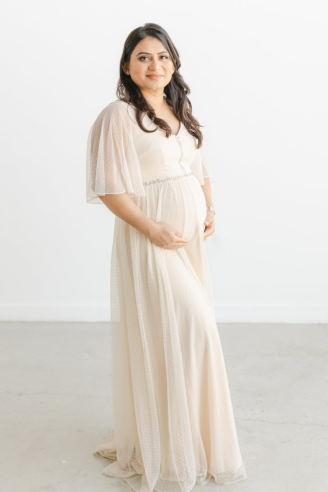 Cream Embellished Maxi Dress with Flutter Sleeves — Gender Reveal Outfits