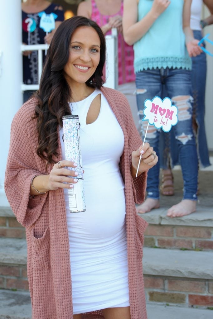 White Ruched Dress with Pink Knitted Cardigan — Gender Reveal Outfits