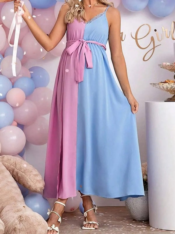 Pink and Blue Color-Blocked Chiffon Dress, White Strappy Sandals — Gender Reveal Outfits