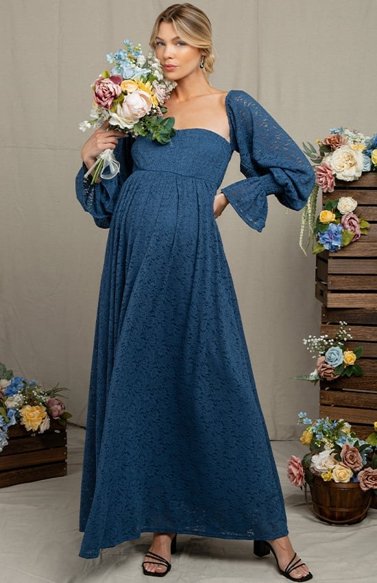 Denim Blue Lace Maternity Dress with Bell Sleeves — Gender Reveal Outfits