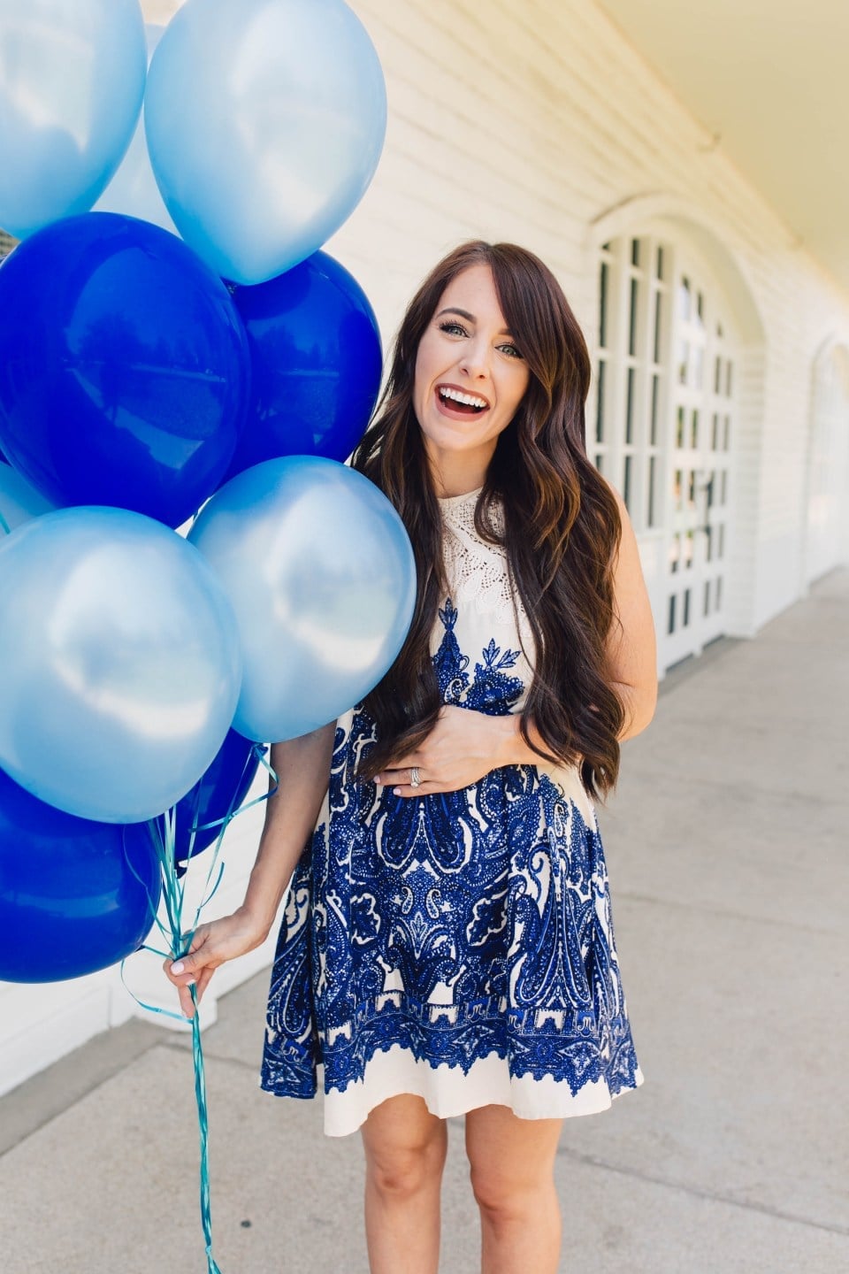 Blue Paisley Patterned Dress with Lace Top — Gender Reveal Outfits