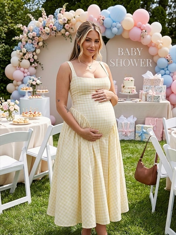 Pale Yellow Gingham Midi Dress — Gender Reveal Outfits