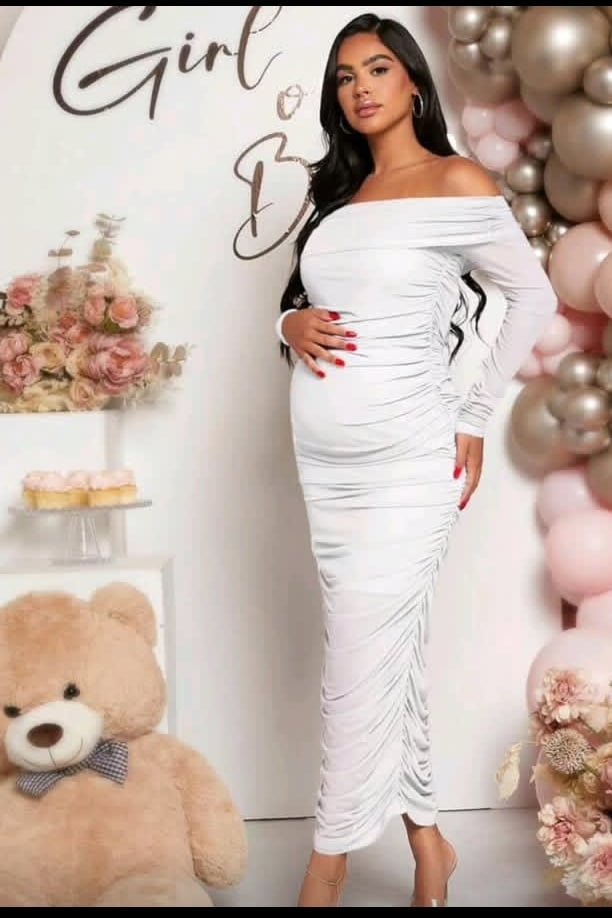 White Off-the-Shoulder Ruched Maternity Dress — Gender Reveal Outfits