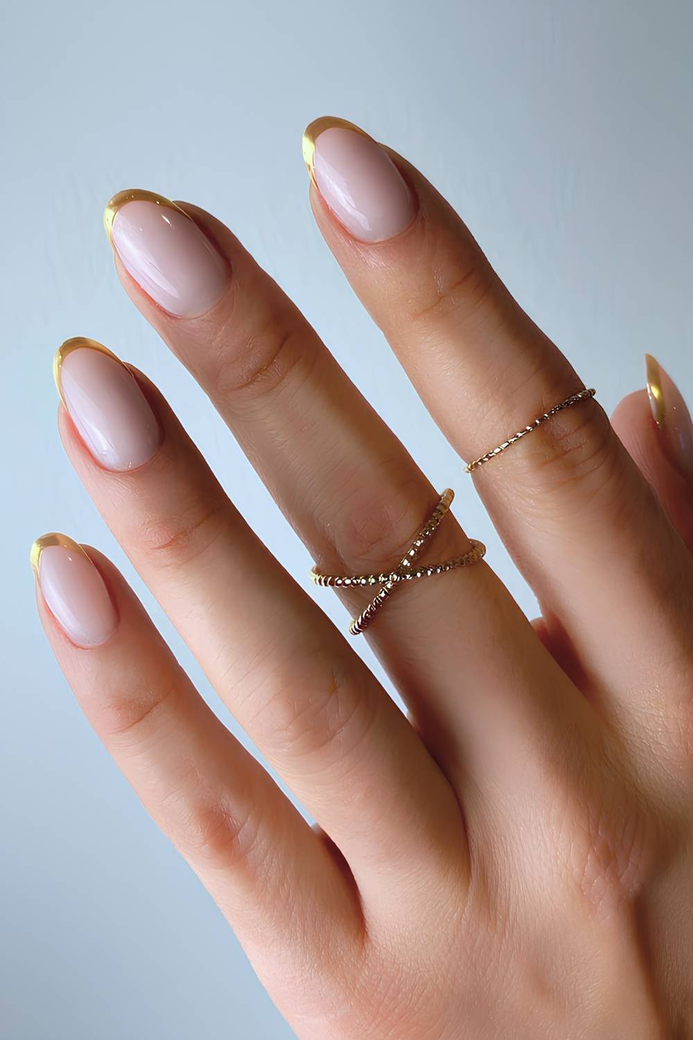Medium Almond Milky Pink Gold French — Gold Chrome Nails