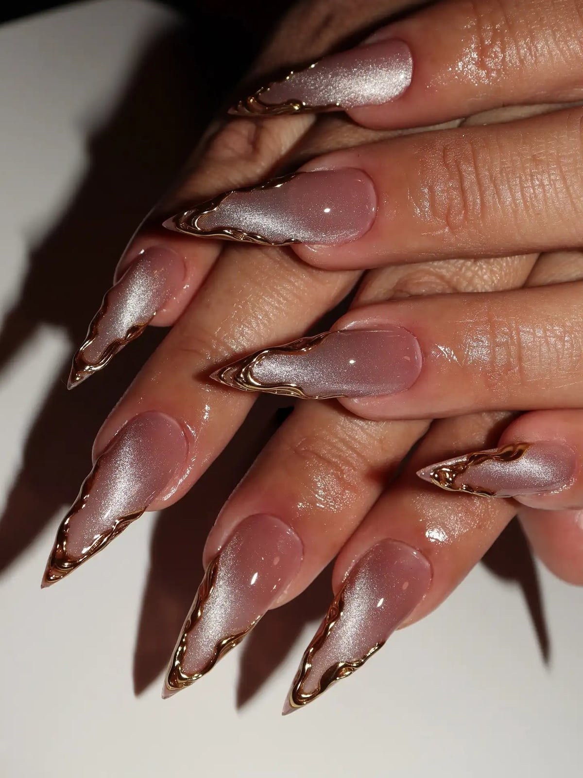 Long Stiletto Pink Beige Gold Edge — Gold Chrome Nails