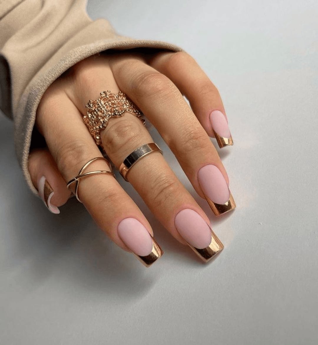 Medium Square Matte Pink Gold French — Gold Chrome Nails
