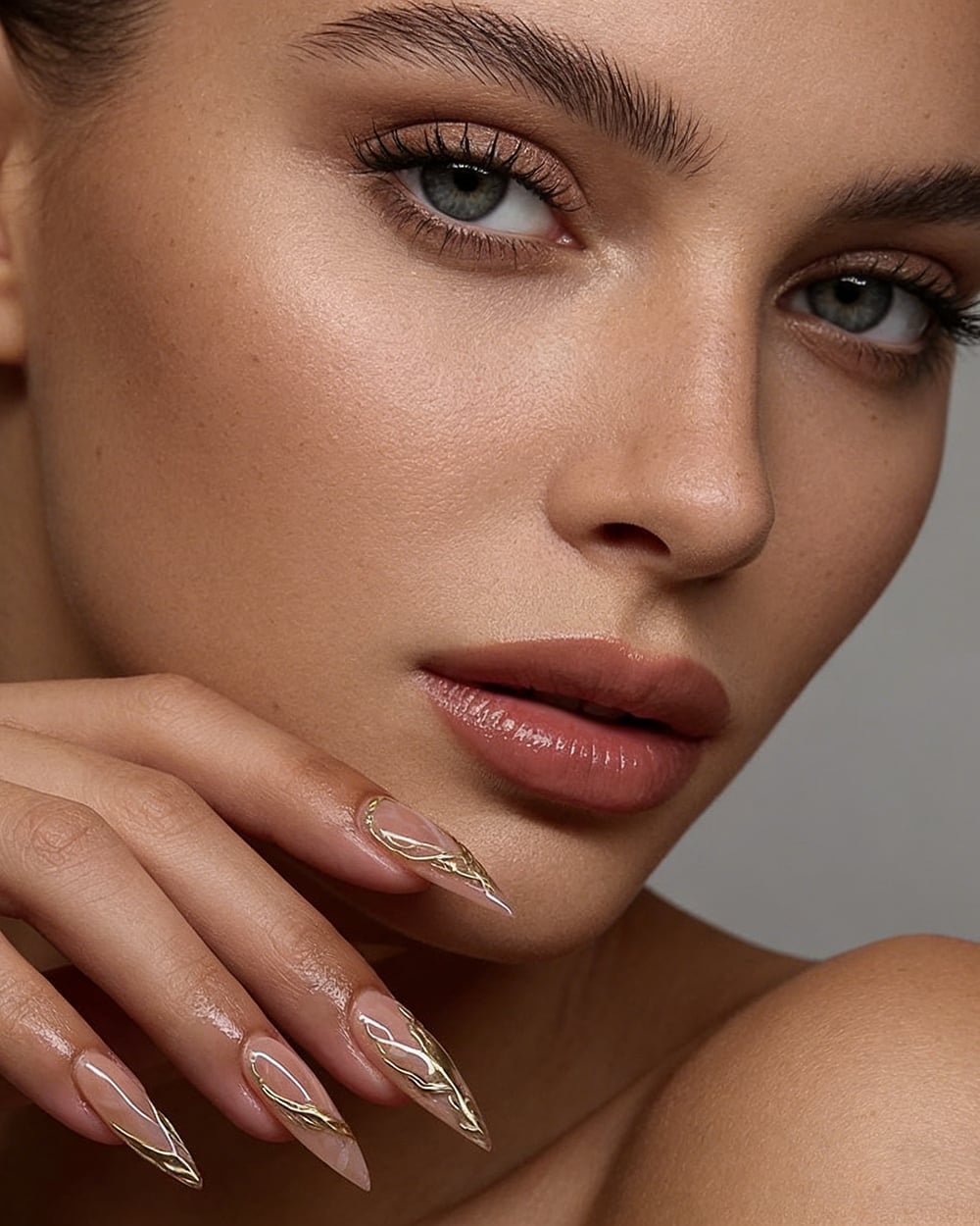 Long Stiletto Sheer Nude Gold Lines — Gold Chrome Nails