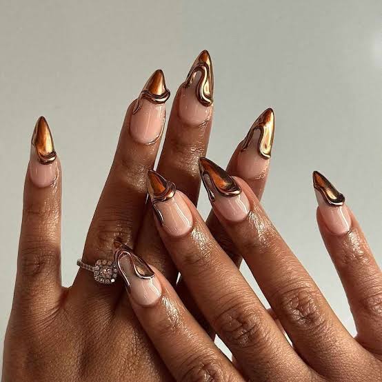 Long Stiletto Nude Dripping Gold Chrome — Gold Chrome Nails