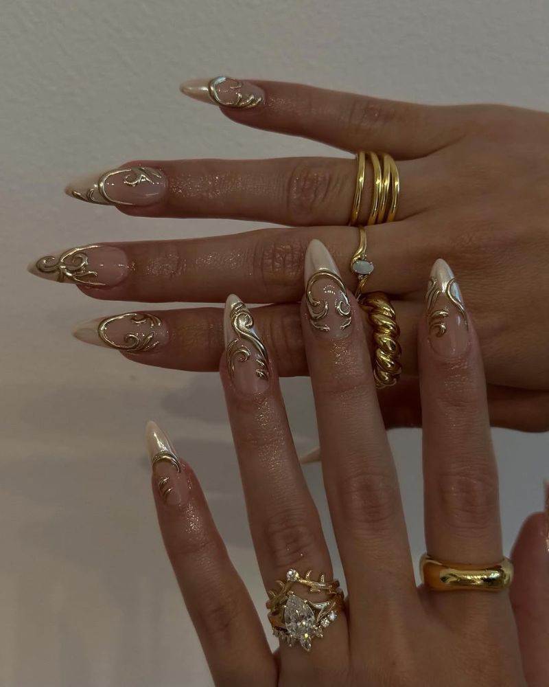 Extra Long Stiletto Nude Gold Filigree — Gold Chrome Nails