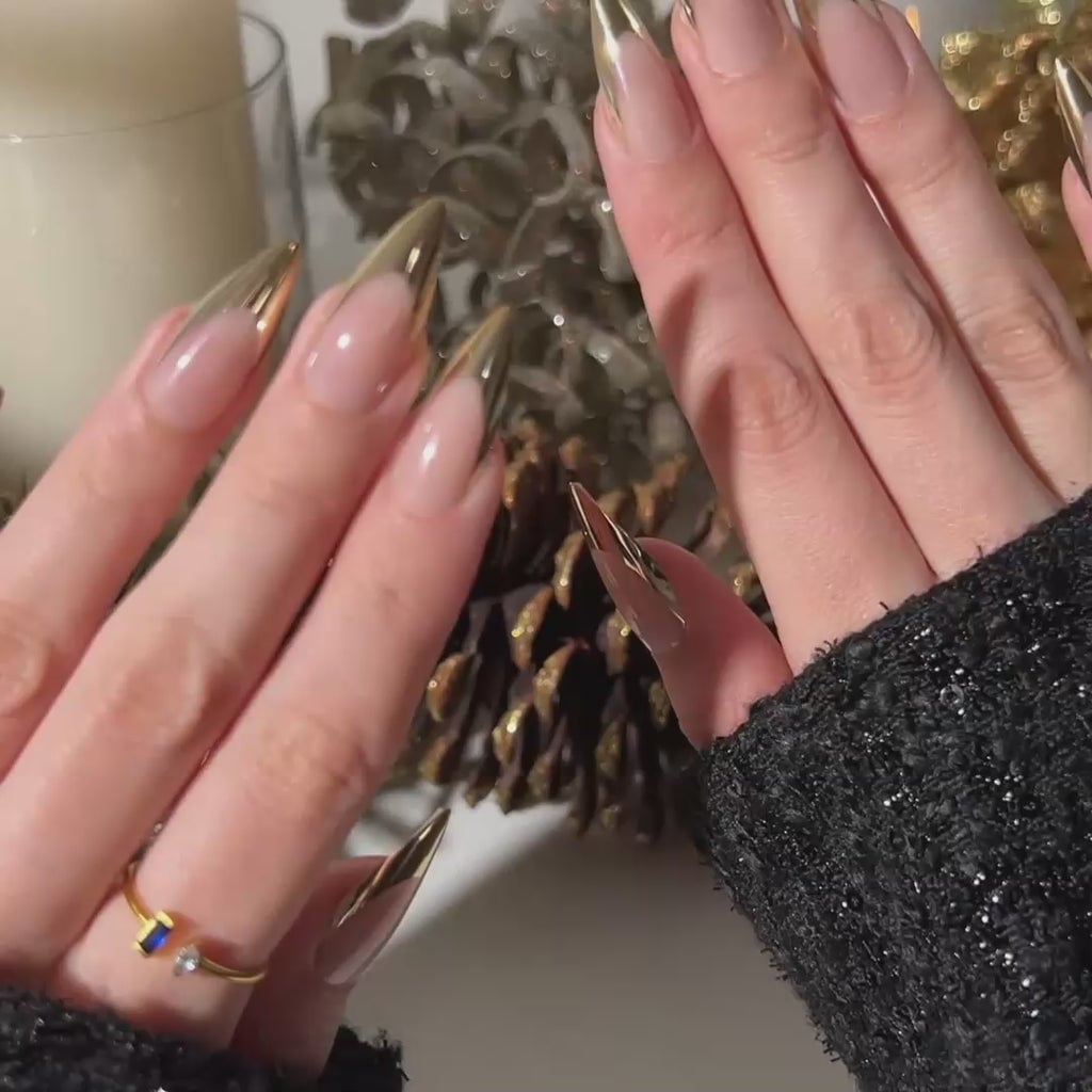 Long Stiletto Clear Gold Chrome Tips — Gold Chrome Nails