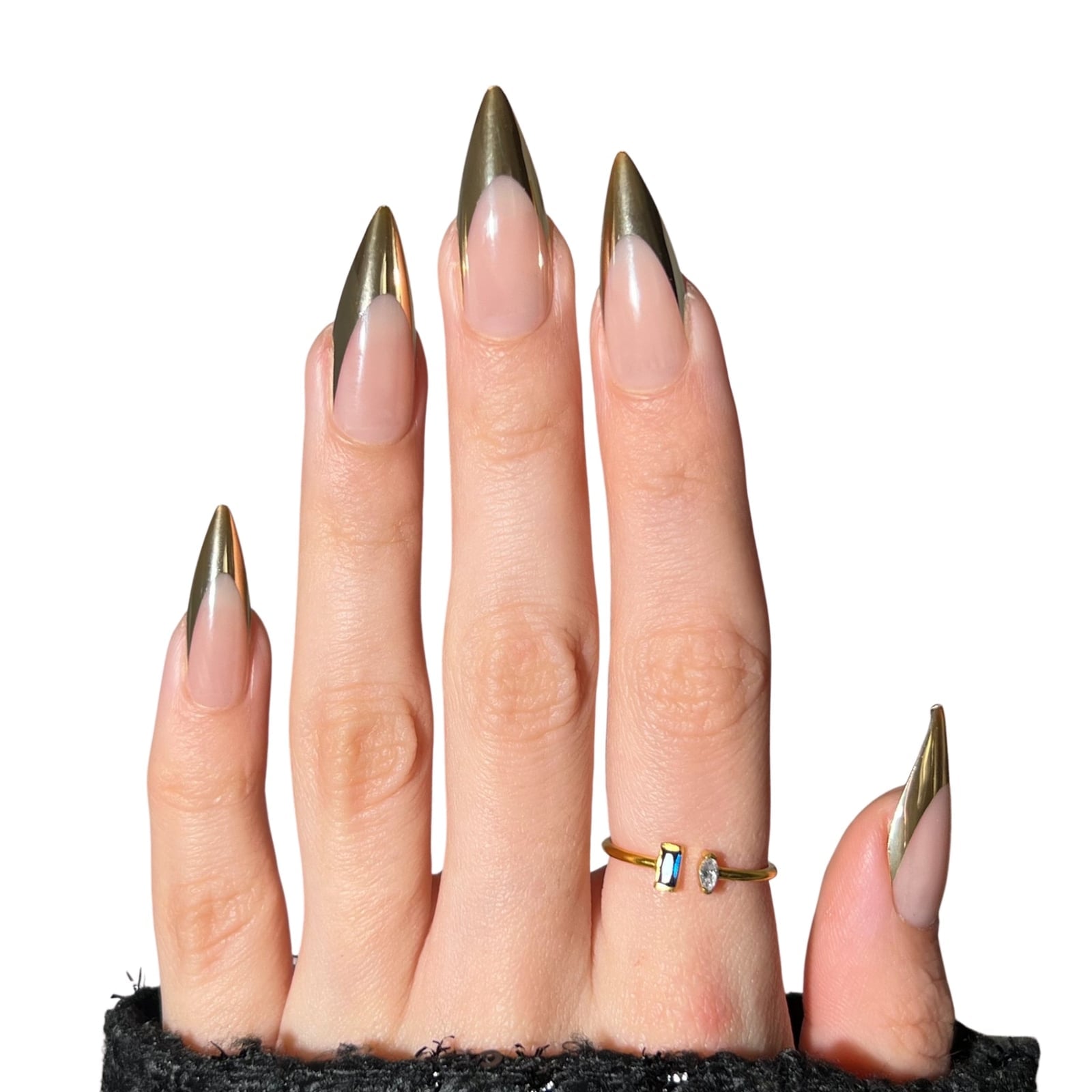 Very Long Stiletto Nude Gold Chrome Tips, очень длинные стилеты — Gold Chrome Nails