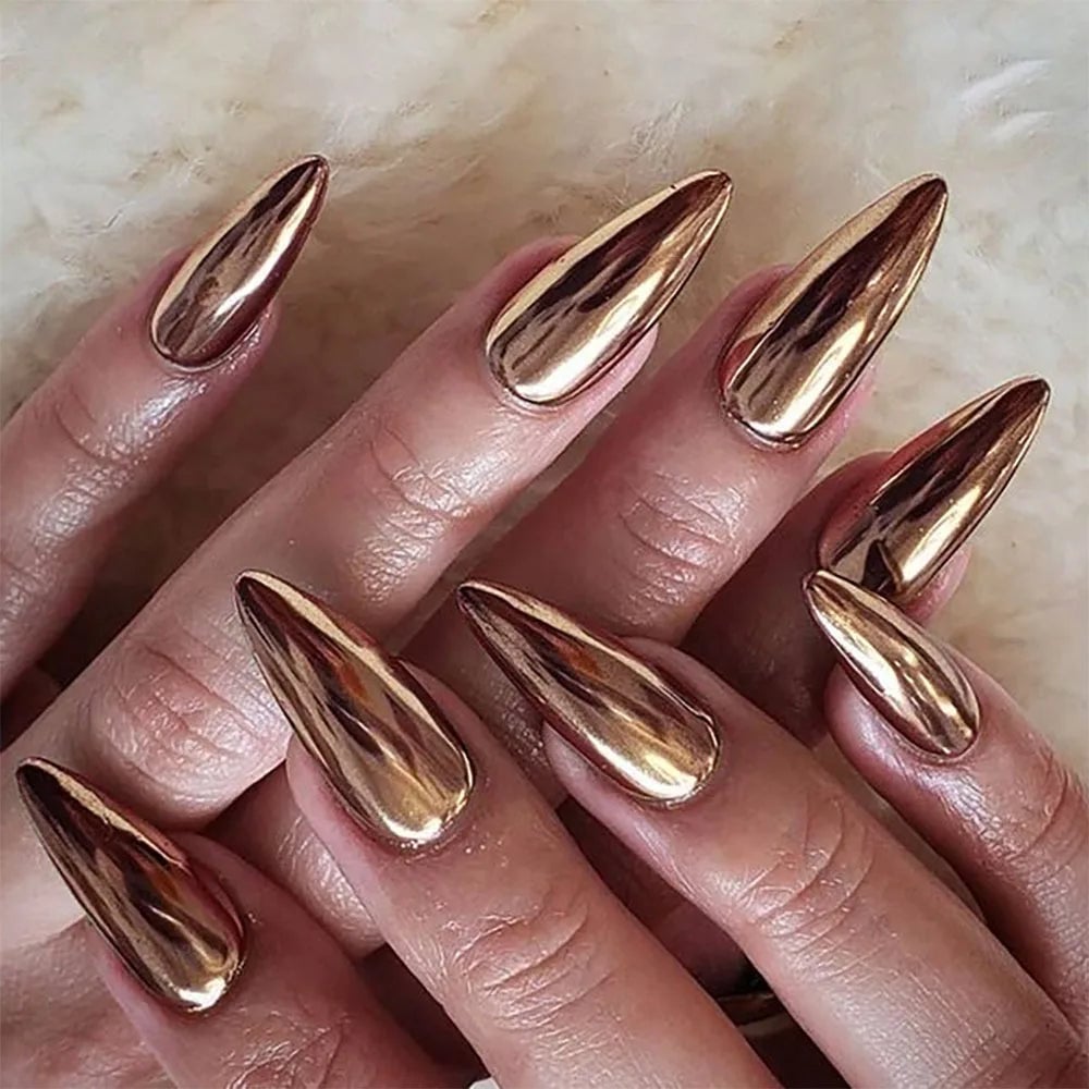 Long Stiletto Highly Reflective Gold Chrome — Gold Chrome Nails