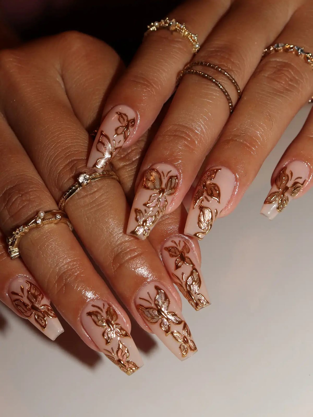 Medium Square Nude 3D Gold Butterflies — Gold Chrome Nails