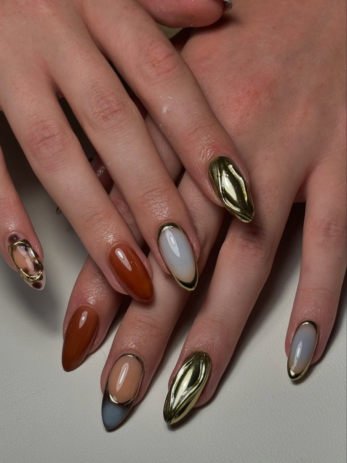 Medium Almond Brown White Gray Gold Outlines — Gold Chrome Nails