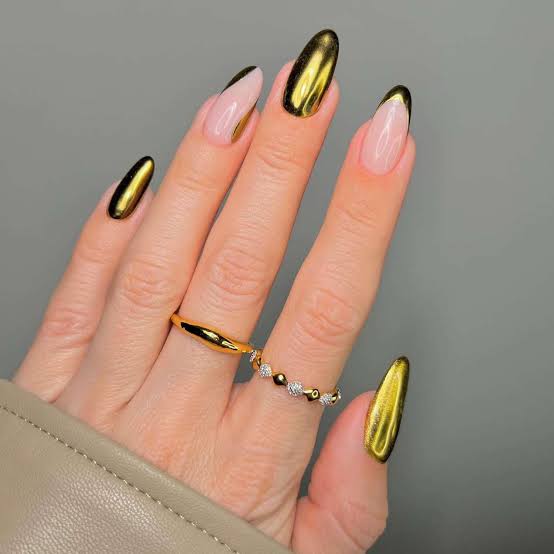 Medium Almond Sheer Pink Half Moon Gold — Gold Chrome Nails