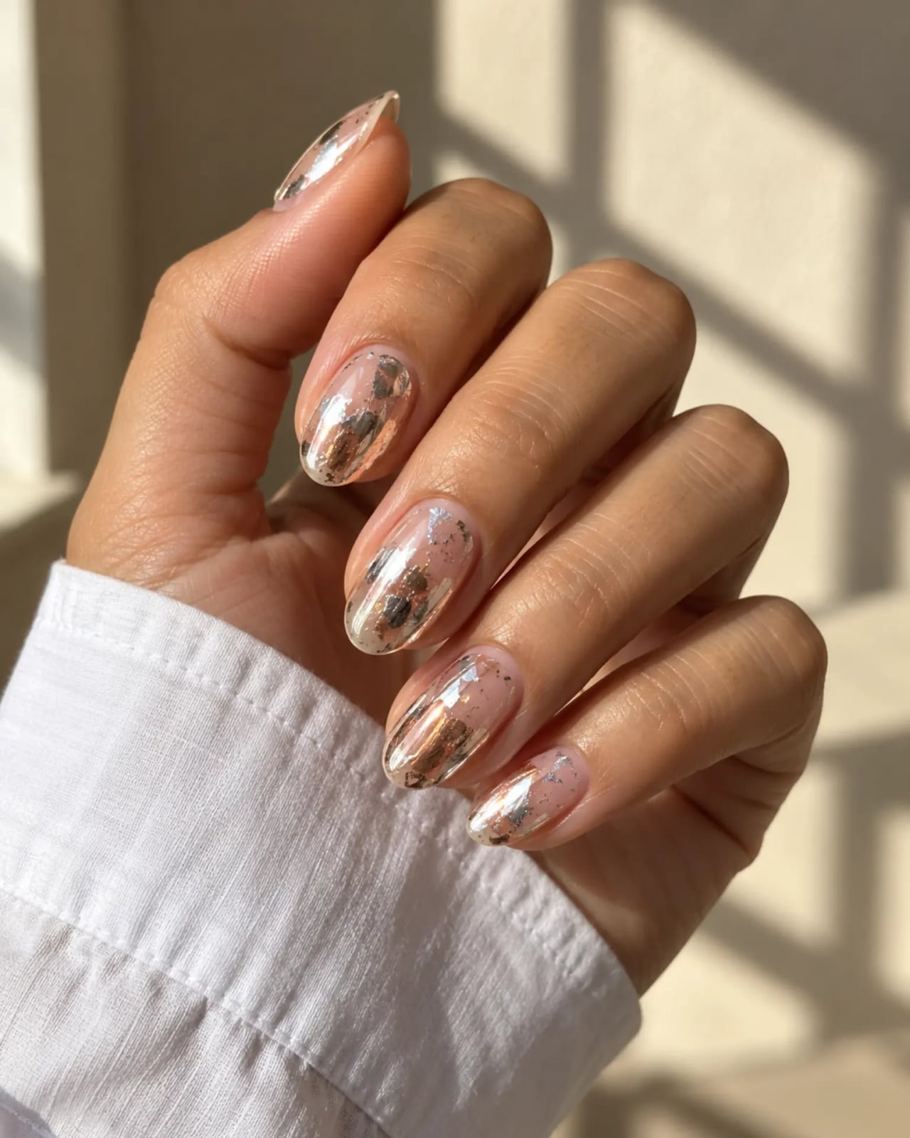 Short Almond Clear Gold Silver Foil — Gold Chrome Nails