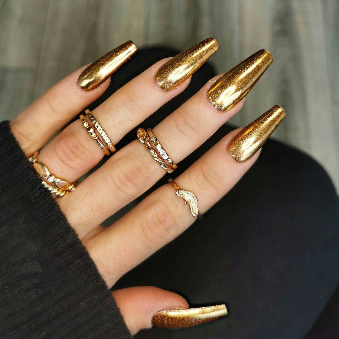 Long Coffin Bright Yellow Gold Chrome — Gold Chrome Nails