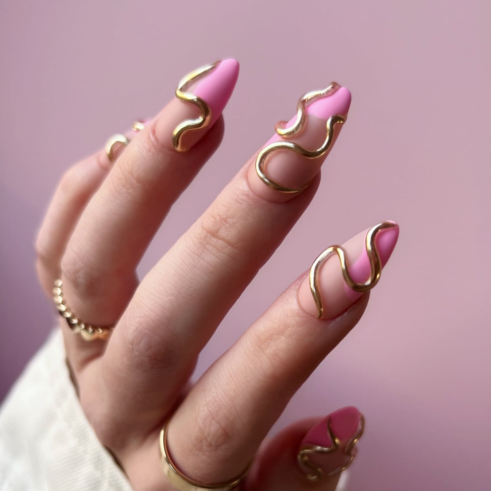 Long Almond Pink Matte Gold Wire Art — Gold Chrome Nails