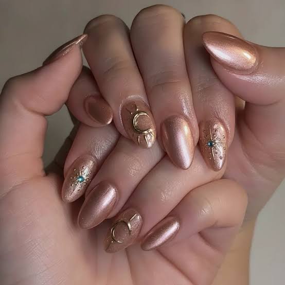 Medium Almond Rose Gold Shimmer Moon — Gold Chrome Nails