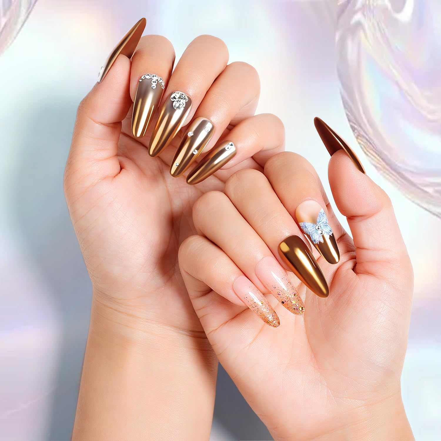 Long Coffin Bronze Chrome Glitter — Gold Chrome Nails